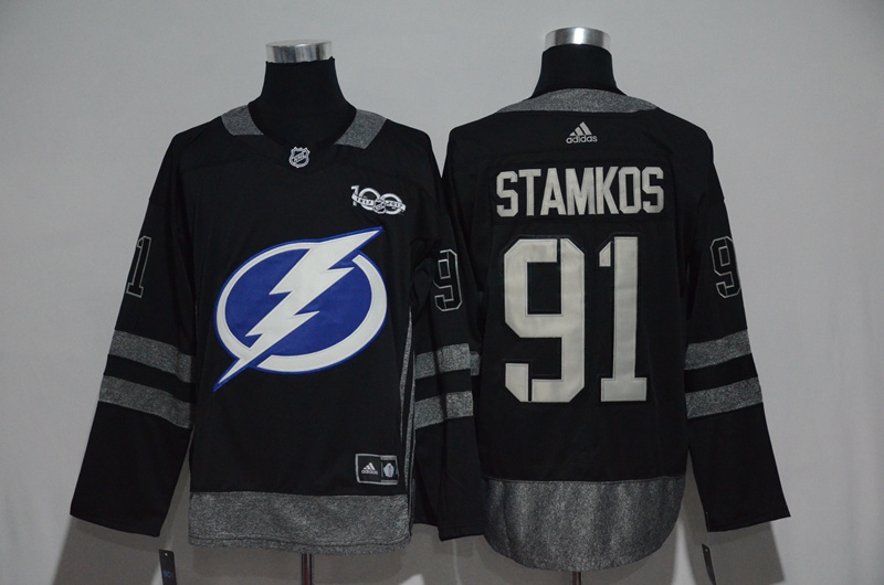 NHL Tampa Bay Lightning #91 Stamkos Black 1917-2017 100th Anniversary Stitched Jersey->->NHL Jersey